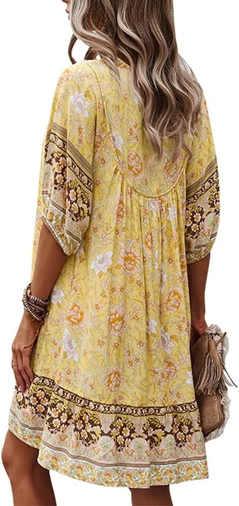 Bengbobar Women's Short Sleeve Floral Print Retro V Neck Casual Loose Bohemian Midi Dresses