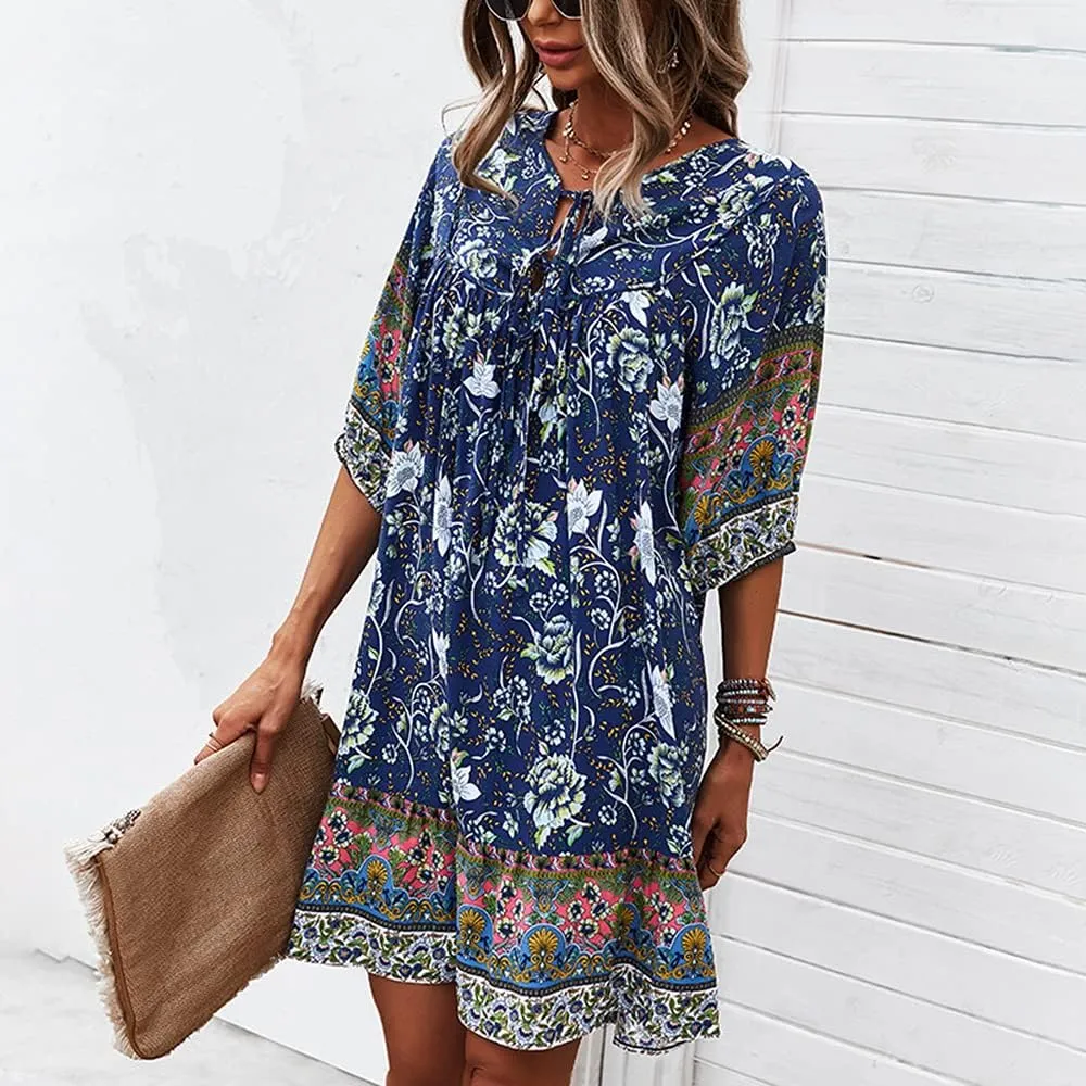Bengbobar Women's Short Sleeve Floral Print Retro V Neck Casual Loose Bohemian Midi Dresses