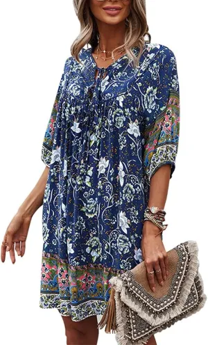 Bengbobar Women's Short Sleeve Floral Print Retro V Neck Casual Loose Bohemian Midi Dresses