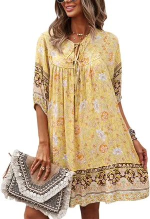 Bengbobar Women's Short Sleeve Floral Print Retro V Neck Casual Loose Bohemian Midi Dresses