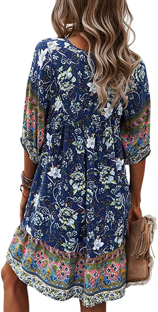 Bengbobar Women's Short Sleeve Floral Print Retro V Neck Casual Loose Bohemian Midi Dresses