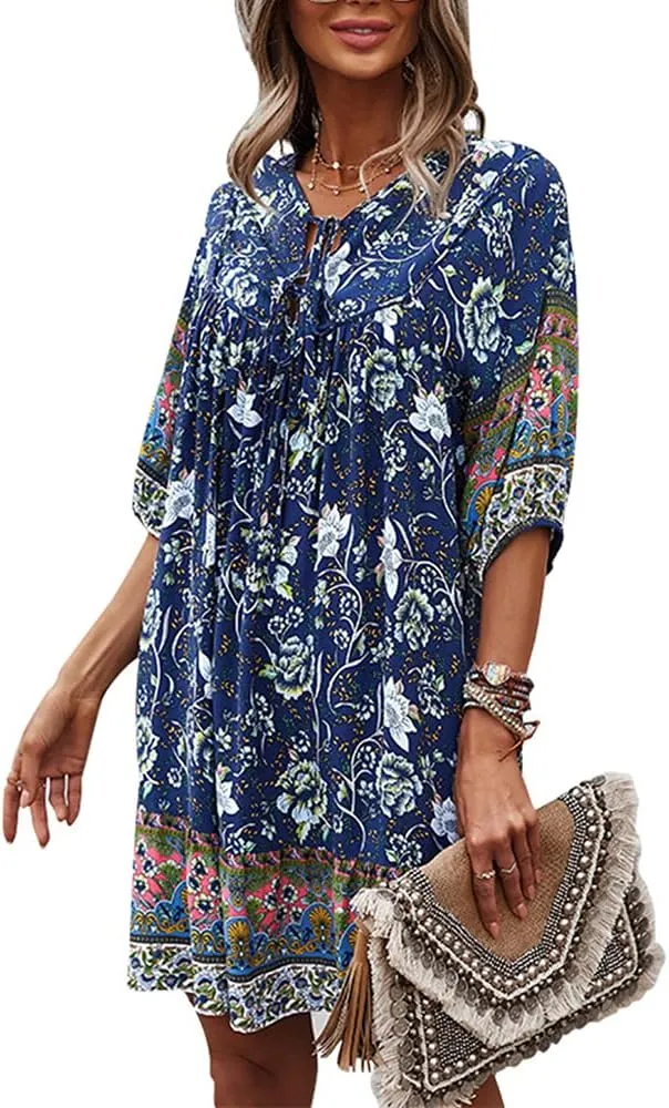 Bengbobar Women's Short Sleeve Floral Print Retro V Neck Casual Loose Bohemian Midi Dresses