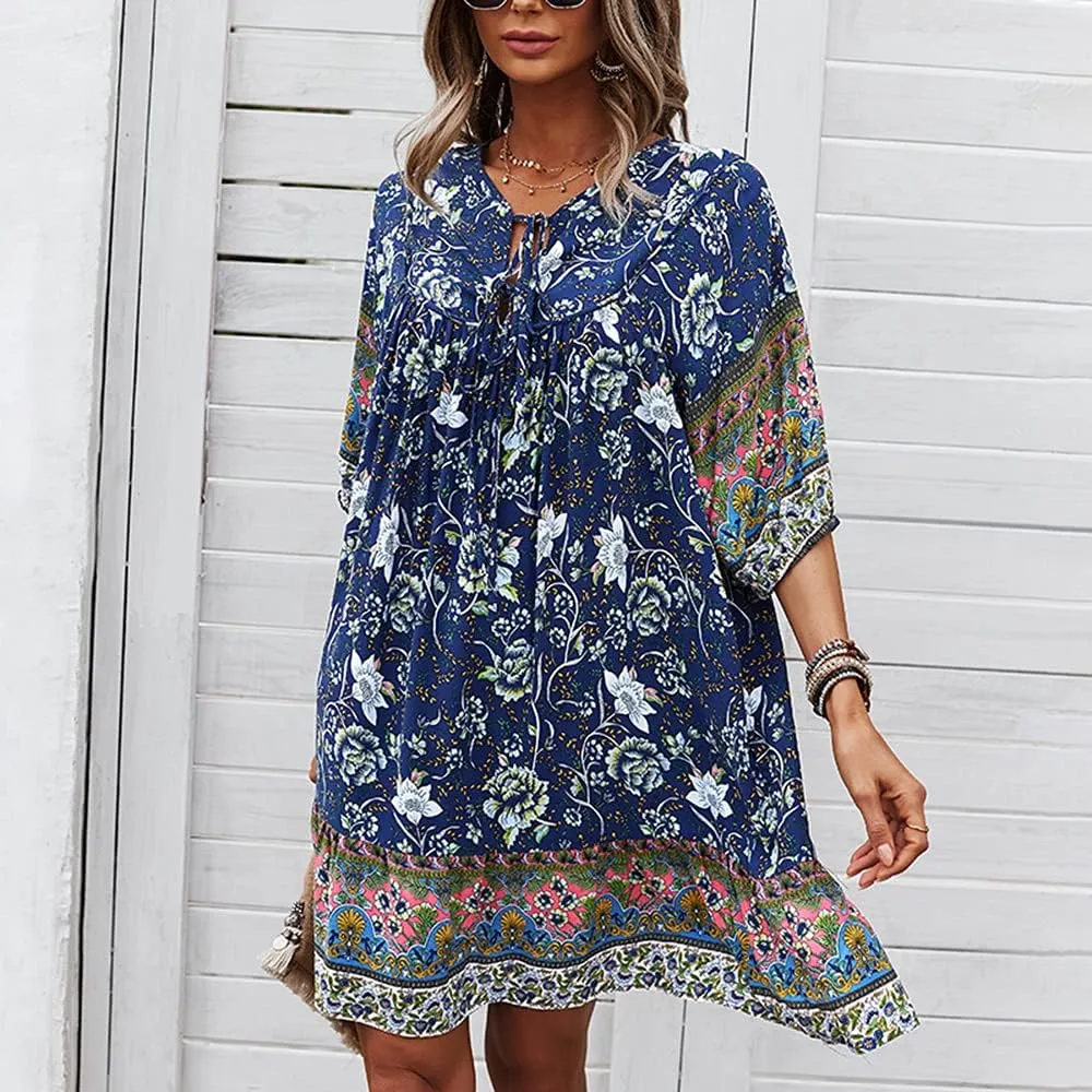 Bengbobar Women's Short Sleeve Floral Print Retro V Neck Casual Loose Bohemian Midi Dresses