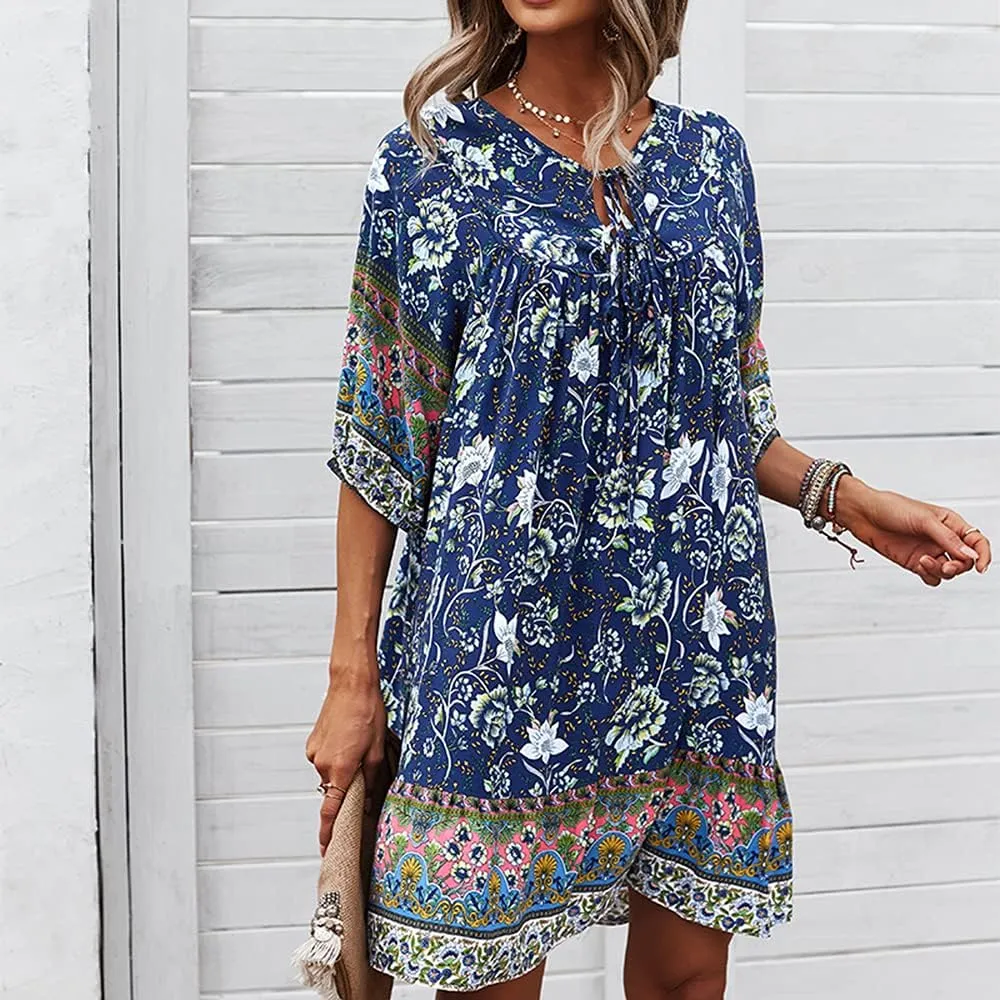 Bengbobar Women's Short Sleeve Floral Print Retro V Neck Casual Loose Bohemian Midi Dresses