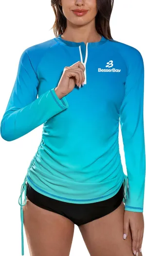 BesserBay Women's UPF 50  UV Sun Protection Rash Guard Shirt Half Zip Long Sleeve Ruched Tie Side Swim Top Swim Shirt