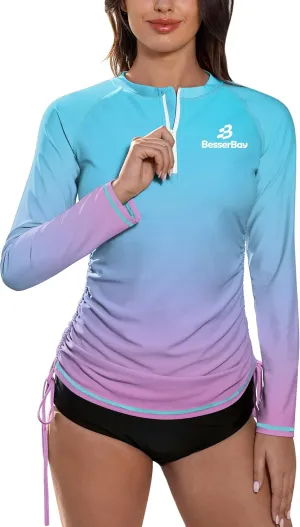 BesserBay Women's UPF 50  UV Sun Protection Rash Guard Shirt Half Zip Long Sleeve Ruched Tie Side Swim Top Swim Shirt