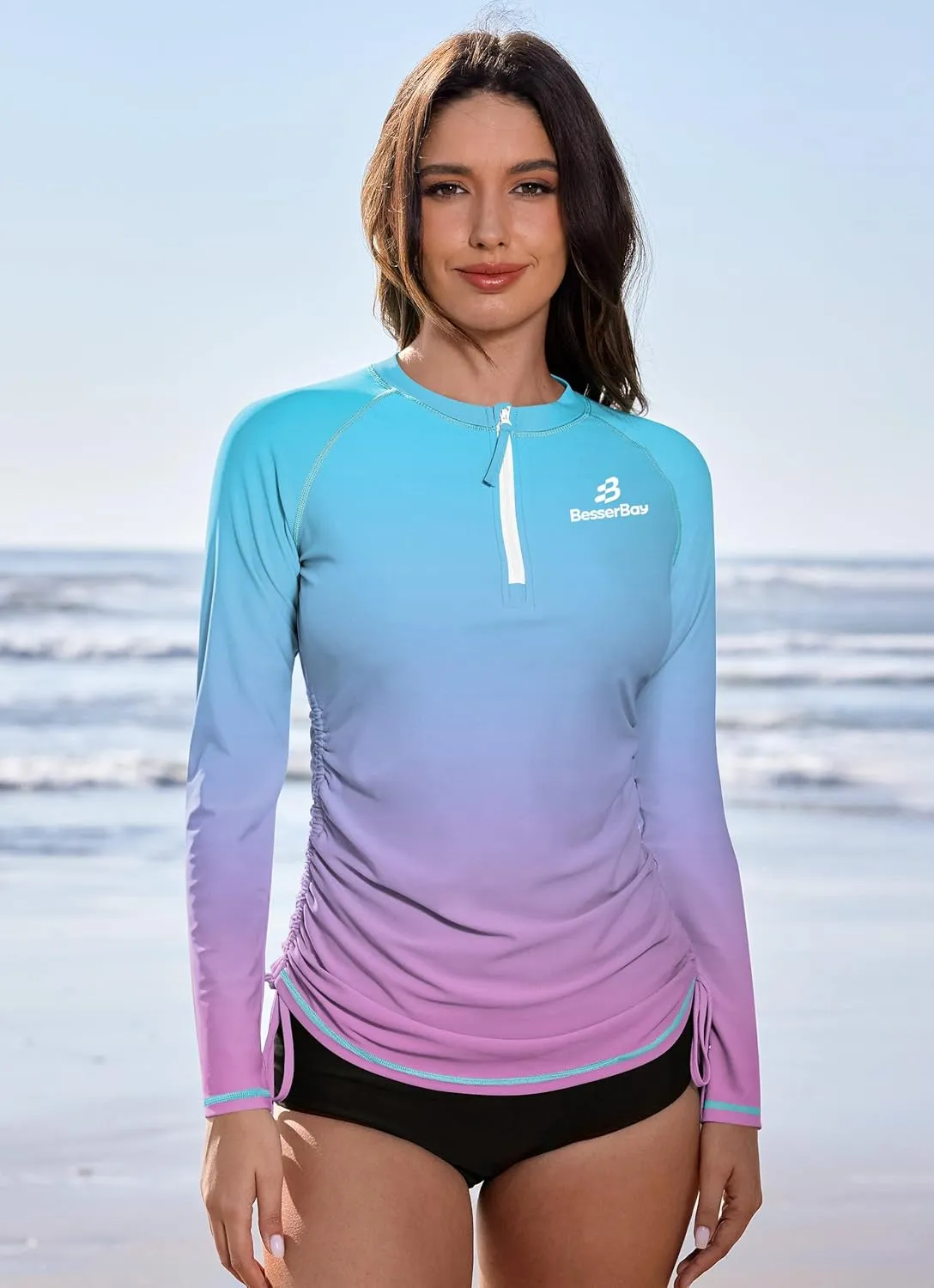 BesserBay Women's UPF 50  UV Sun Protection Rash Guard Shirt Half Zip Long Sleeve Ruched Tie Side Swim Top Swim Shirt