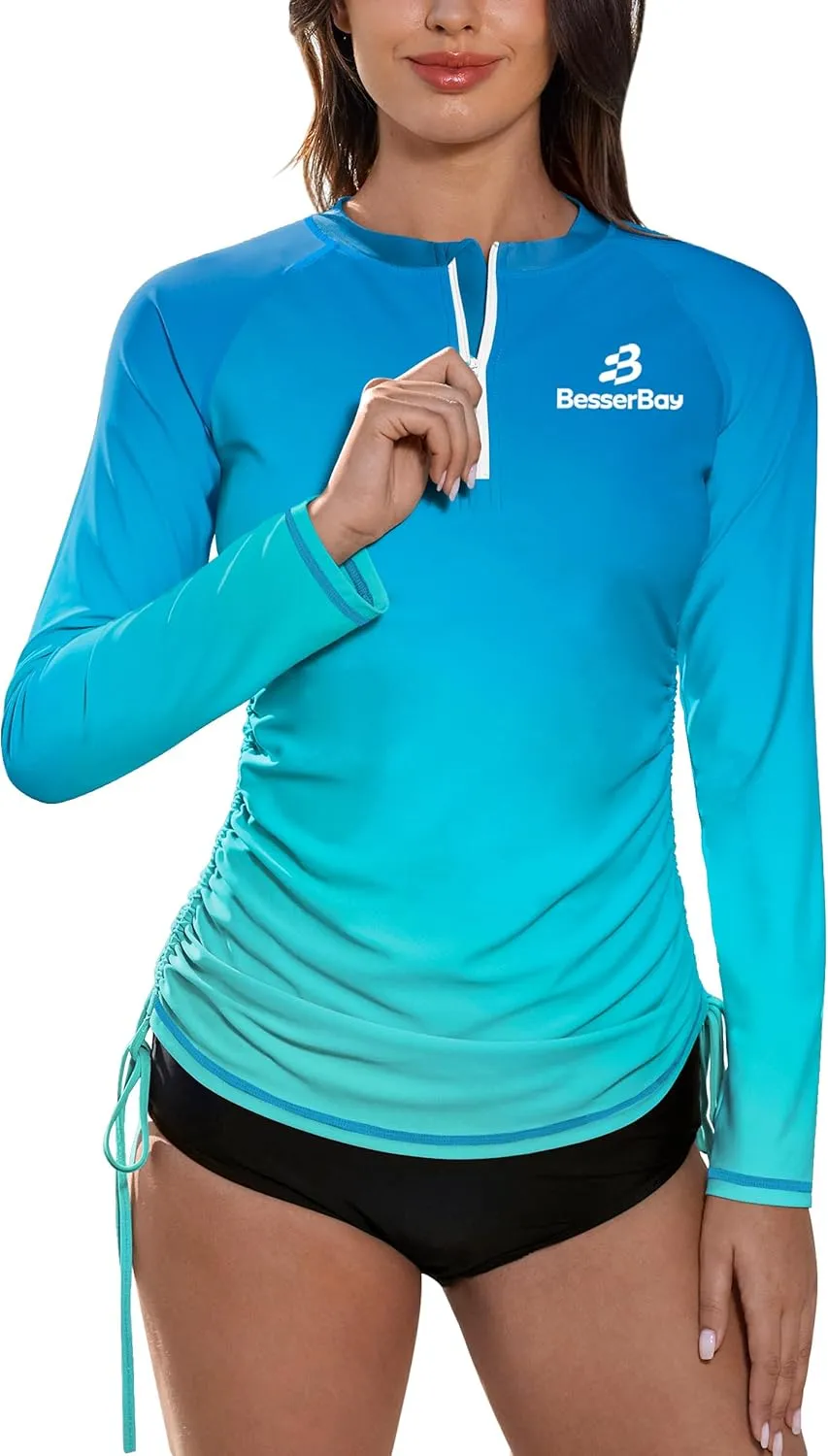 BesserBay Women's UPF 50  UV Sun Protection Rash Guard Shirt Half Zip Long Sleeve Ruched Tie Side Swim Top Swim Shirt