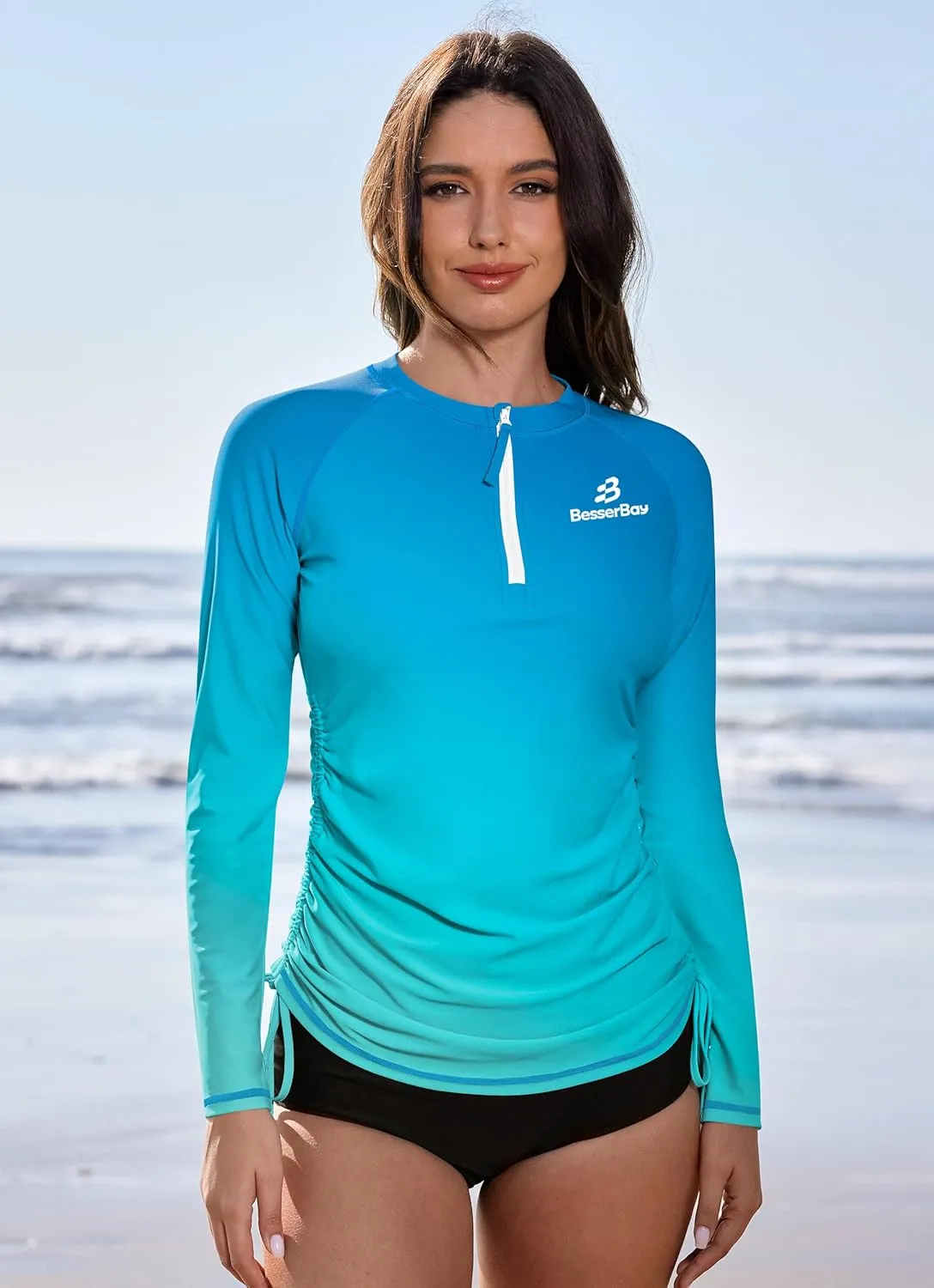 BesserBay Women's UPF 50  UV Sun Protection Rash Guard Shirt Half Zip Long Sleeve Ruched Tie Side Swim Top Swim Shirt
