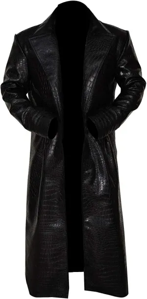 Black Crocodile Long Leather Trench Coat Full Length