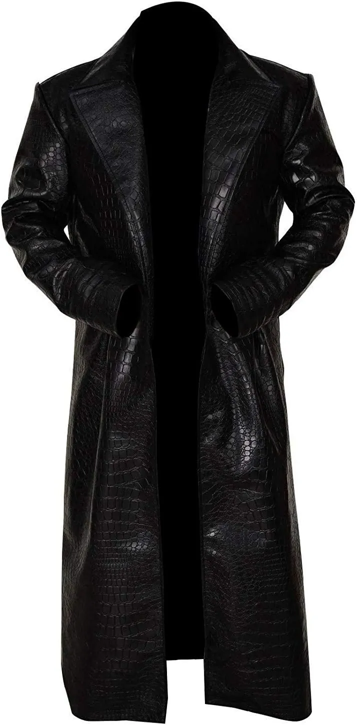 Black Crocodile Long Leather Trench Coat Full Length