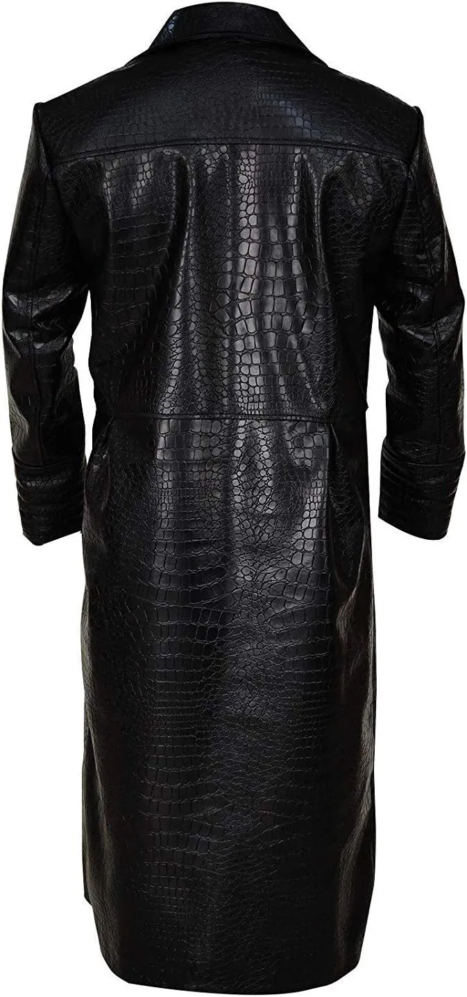Black Crocodile Long Leather Trench Coat Full Length