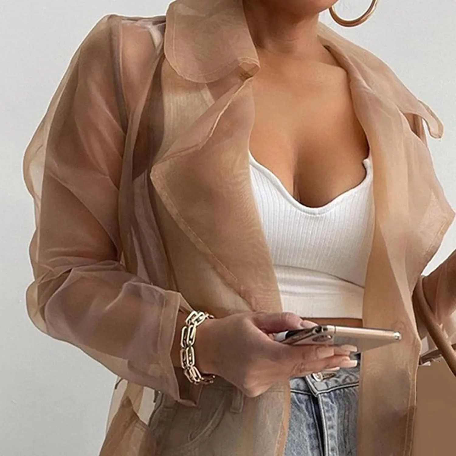 Bluelans Women's Fashion See Through Trench Coat Summer Spring Solid Sheer Mesh Long Sleeve Button Coat Cardigan Long Jacket Khaki L