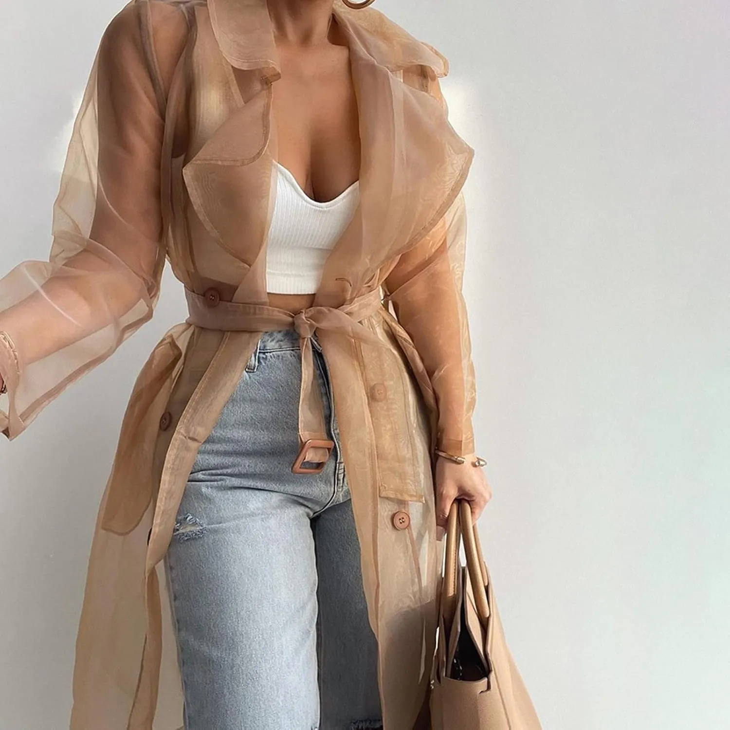 Bluelans Women's Fashion See Through Trench Coat Summer Spring Solid Sheer Mesh Long Sleeve Button Coat Cardigan Long Jacket Khaki L