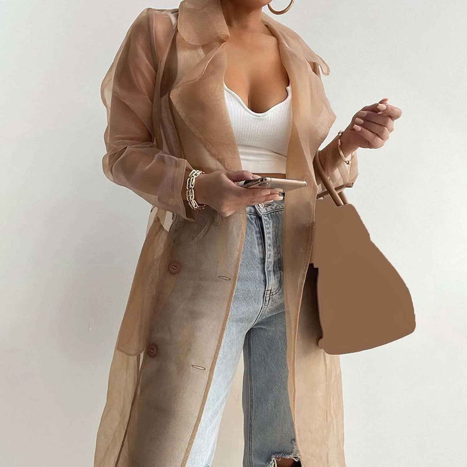 Bluelans Women's Fashion See Through Trench Coat Summer Spring Solid Sheer Mesh Long Sleeve Button Coat Cardigan Long Jacket Khaki L