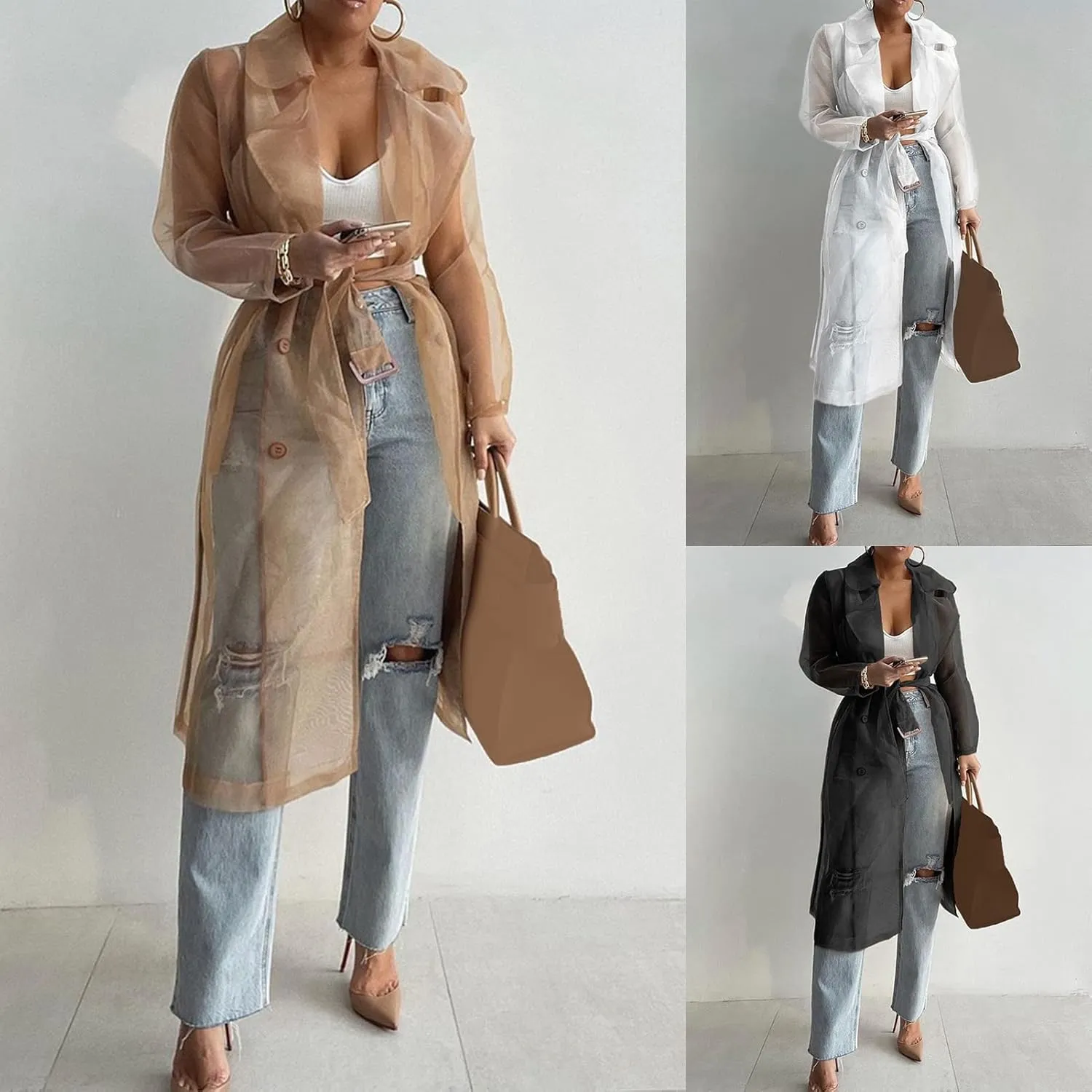 Bluelans Women's Fashion See Through Trench Coat Summer Spring Solid Sheer Mesh Long Sleeve Button Coat Cardigan Long Jacket Khaki L