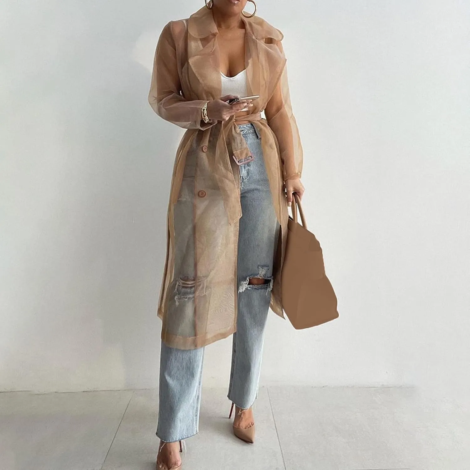 Bluelans Women's Fashion See Through Trench Coat Summer Spring Solid Sheer Mesh Long Sleeve Button Coat Cardigan Long Jacket Khaki L
