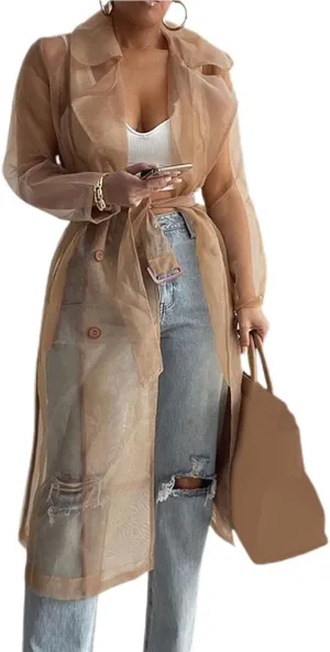Bluelans Women's Fashion See Through Trench Coat Summer Spring Solid Sheer Mesh Long Sleeve Button Coat Cardigan Long Jacket Khaki L