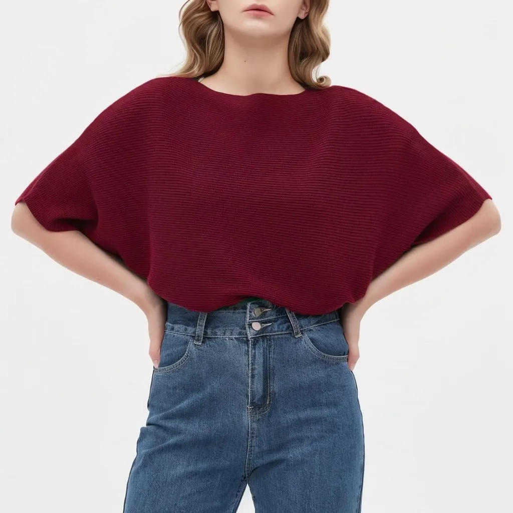 Boat Neck Short Batwing Sleeve Pullover Knit Sweaters Off Shoulder Cute Tops for Women