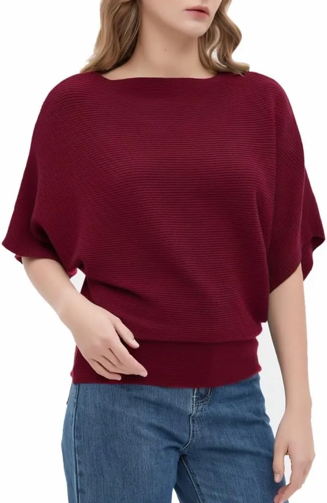 Boat Neck Short Batwing Sleeve Pullover Knit Sweaters Off Shoulder Cute Tops for Women