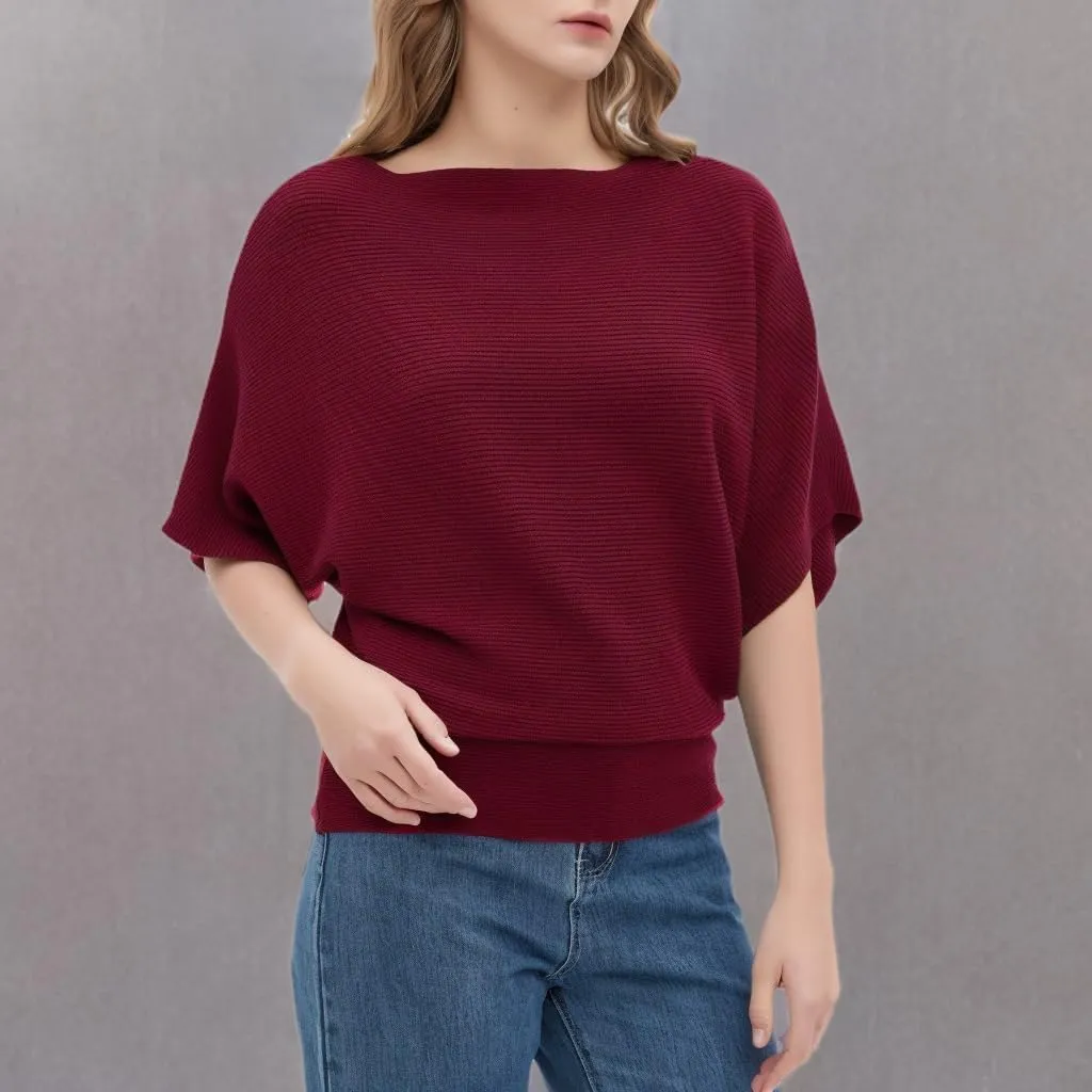Boat Neck Short Batwing Sleeve Pullover Knit Sweaters Off Shoulder Cute Tops for Women