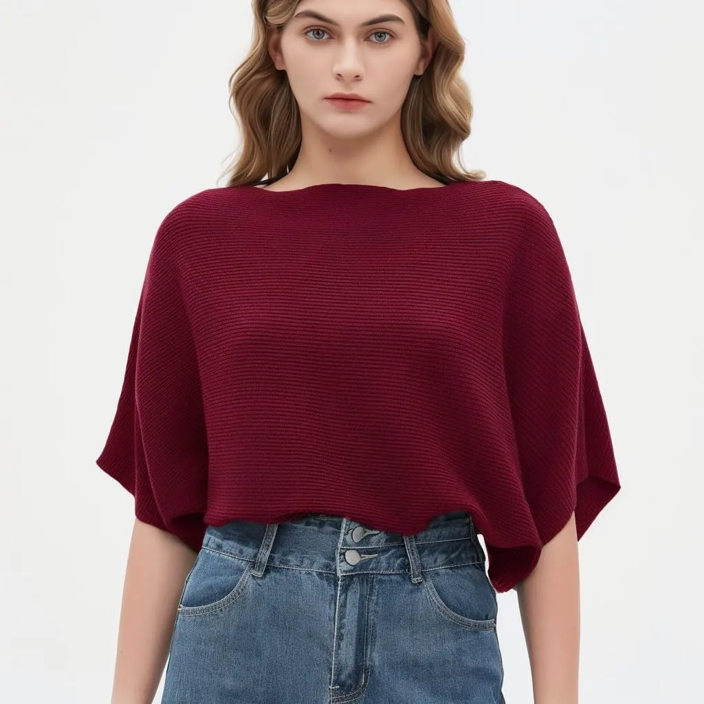 Boat Neck Short Batwing Sleeve Pullover Knit Sweaters Off Shoulder Cute Tops for Women