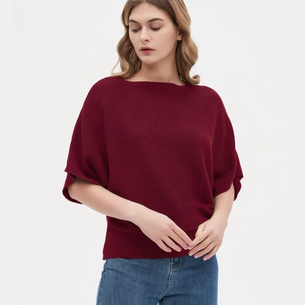 Boat Neck Short Batwing Sleeve Pullover Knit Sweaters Off Shoulder Cute Tops for Women