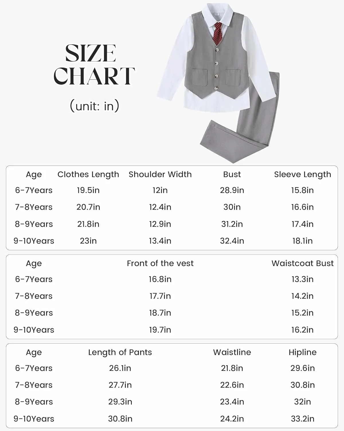 Boys Suit for Formal Occasions 4 Pieces Suit Sets Including Vest Printed Pants Dress Shirt and Tie for 6-10 Years