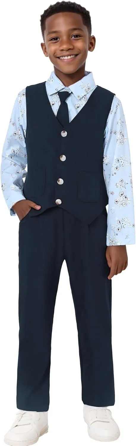 Boys Suit for Formal Occasions 4 Pieces Suit Sets Including Vest Printed Pants Dress Shirt and Tie for 6-10 Years