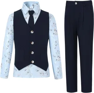Boys Suit for Formal Occasions 4 Pieces Suit Sets Including Vest Printed Pants Dress Shirt and Tie for 6-10 Years