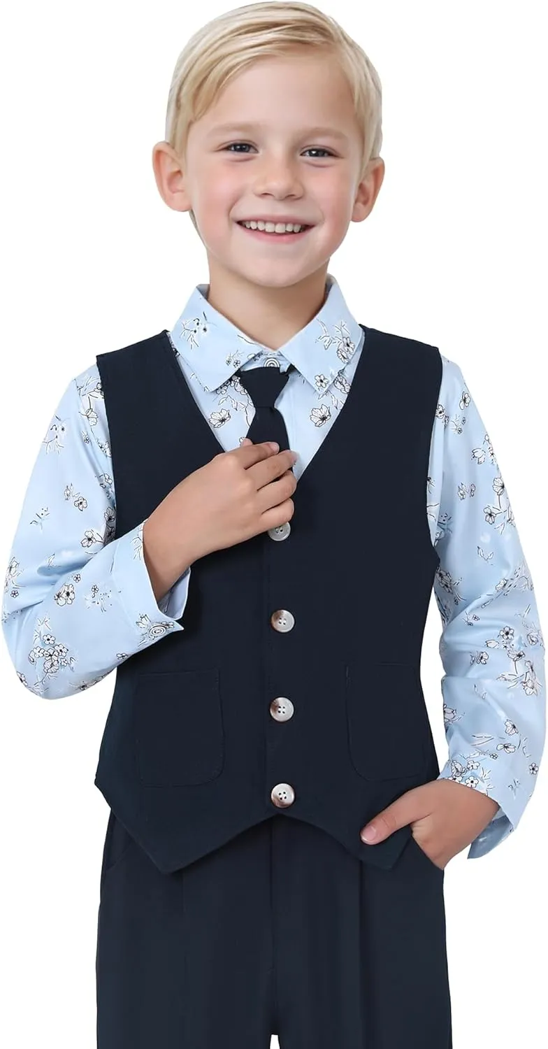 Boys Suit for Formal Occasions 4 Pieces Suit Sets Including Vest Printed Pants Dress Shirt and Tie for 6-10 Years