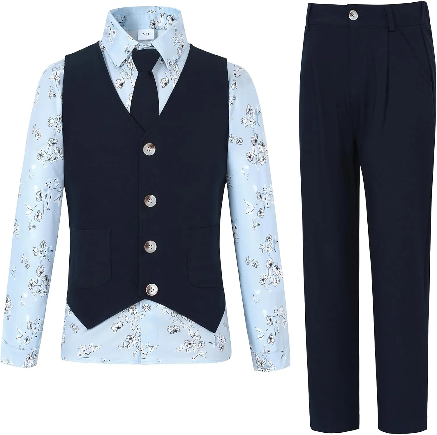 Boys Suit for Formal Occasions 4 Pieces Suit Sets Including Vest Printed Pants Dress Shirt and Tie for 6-10 Years