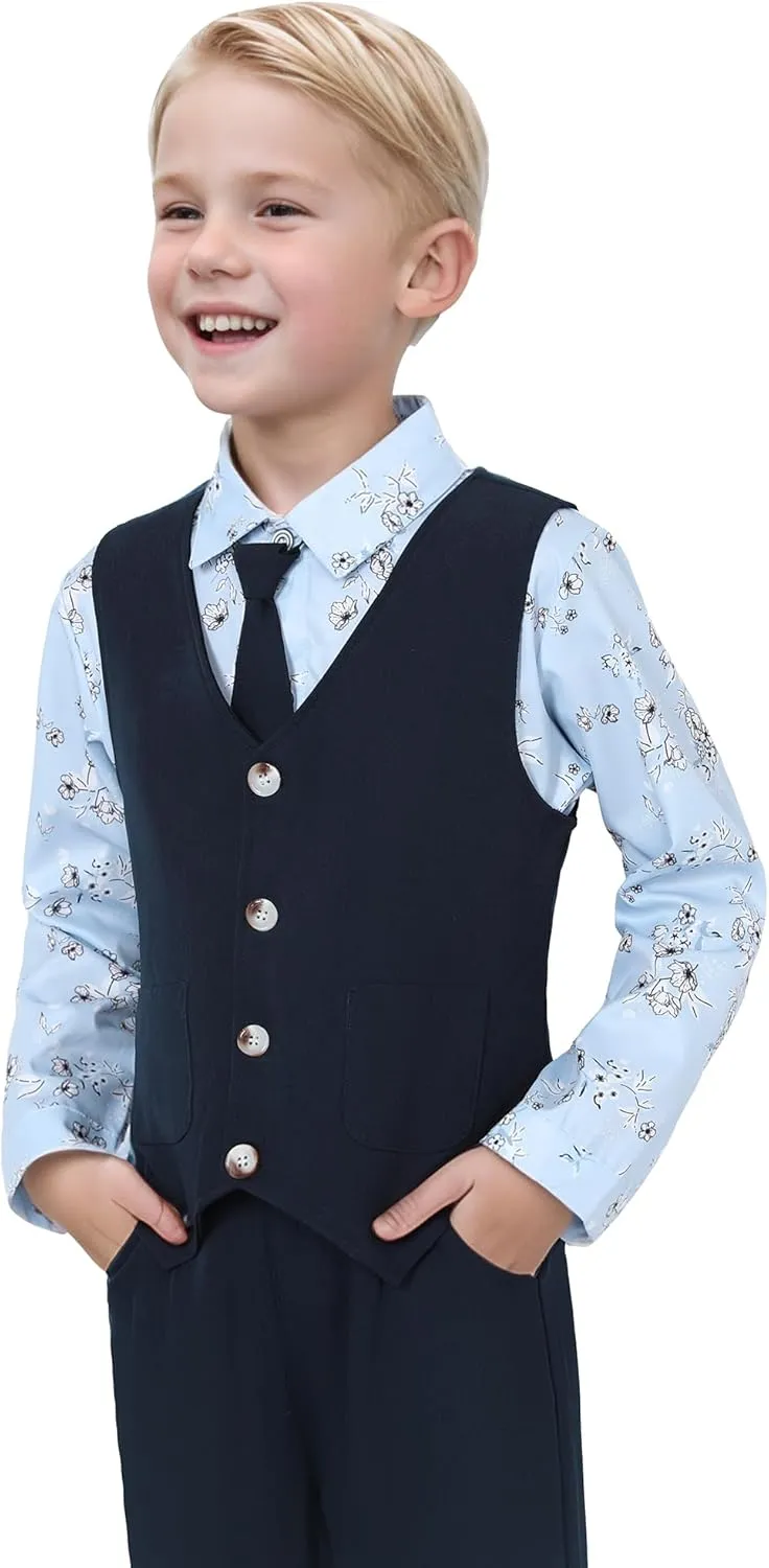 Boys Suit for Formal Occasions 4 Pieces Suit Sets Including Vest Printed Pants Dress Shirt and Tie for 6-10 Years
