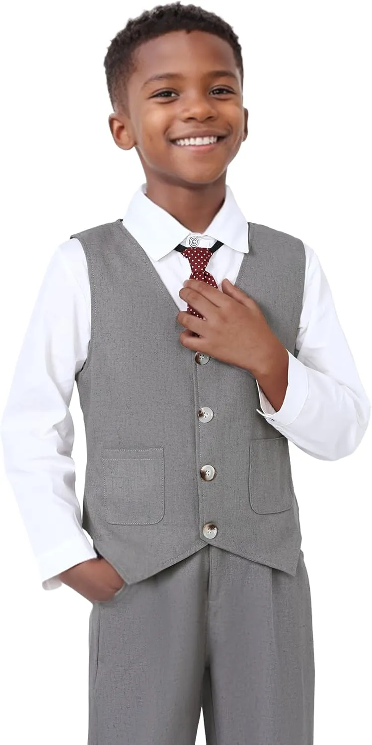 Boys Suit for Formal Occasions 4 Pieces Suit Sets Including Vest Printed Pants Dress Shirt and Tie for 6-10 Years