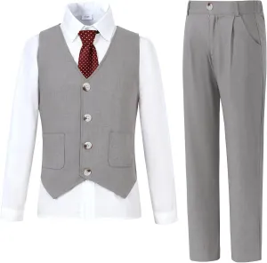Boys Suit for Formal Occasions 4 Pieces Suit Sets Including Vest Printed Pants Dress Shirt and Tie for 6-10 Years