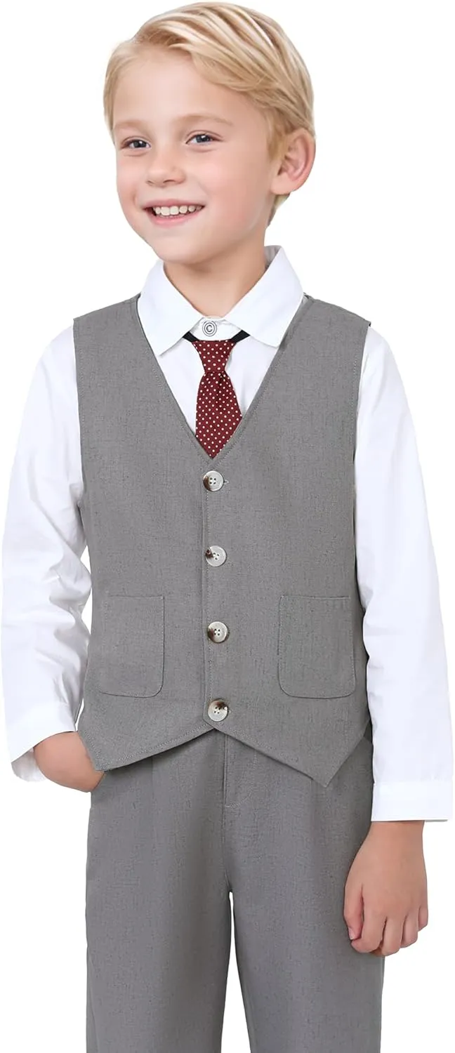 Boys Suit for Formal Occasions 4 Pieces Suit Sets Including Vest Printed Pants Dress Shirt and Tie for 6-10 Years