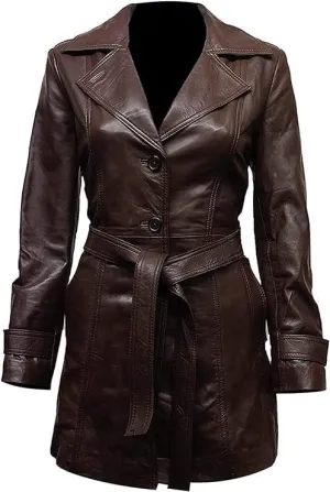 Brown Leather Long Coat for Women - Women Brown Leather Belted Trench Coat