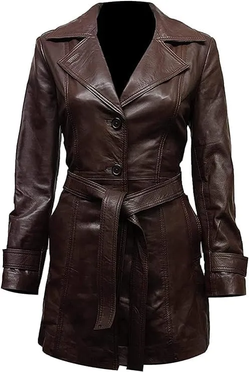 Brown Leather Long Coat for Women - Women Brown Leather Belted Trench Coat