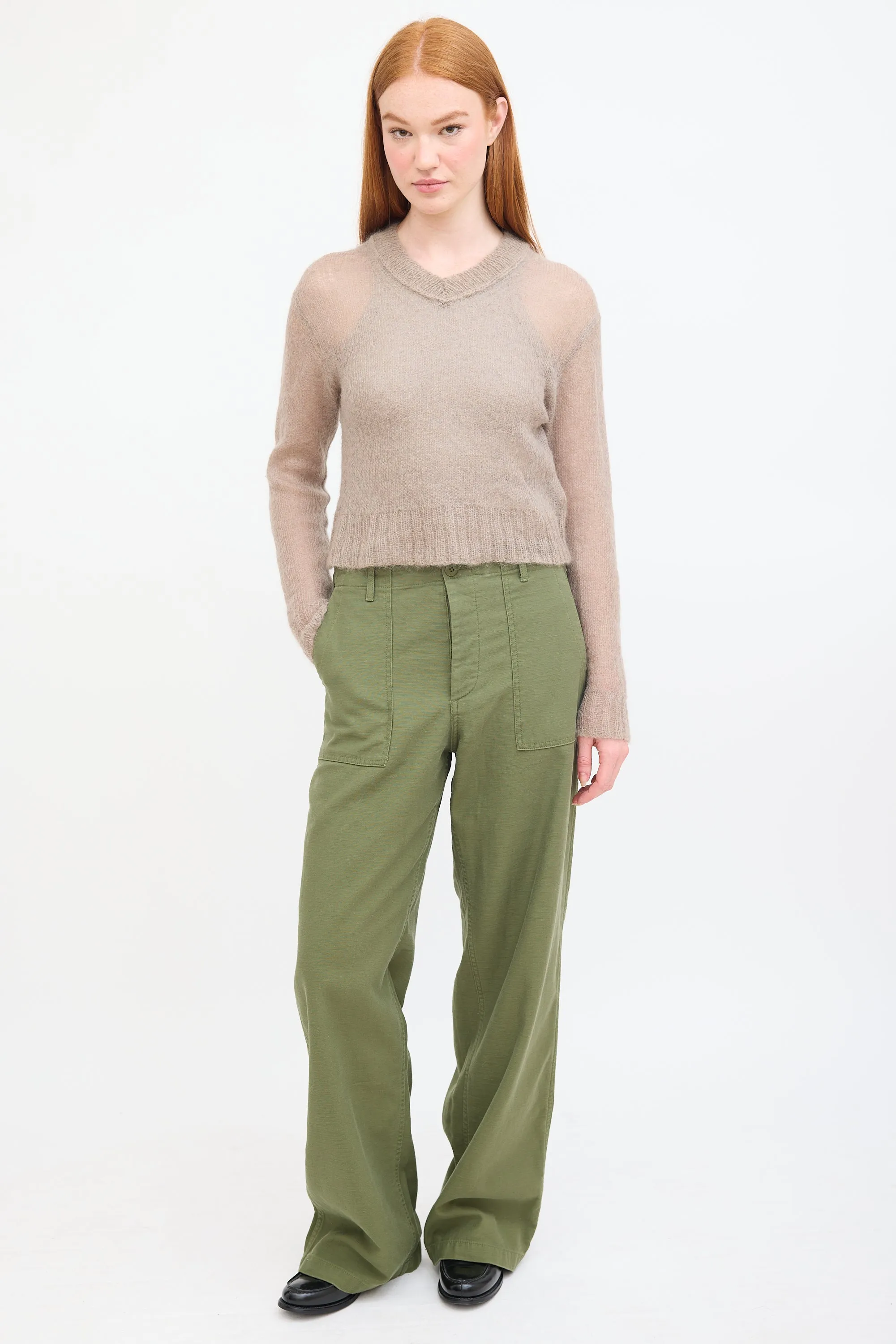 Brown Mohair Cropped V-Neck Sweater