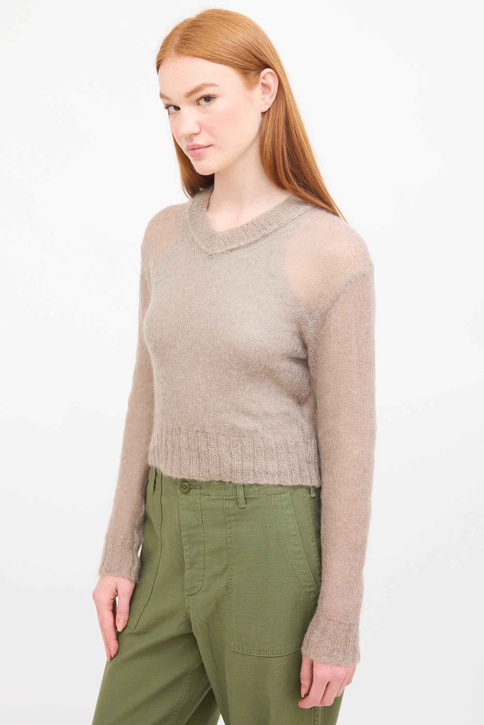 Brown Mohair Cropped V-Neck Sweater