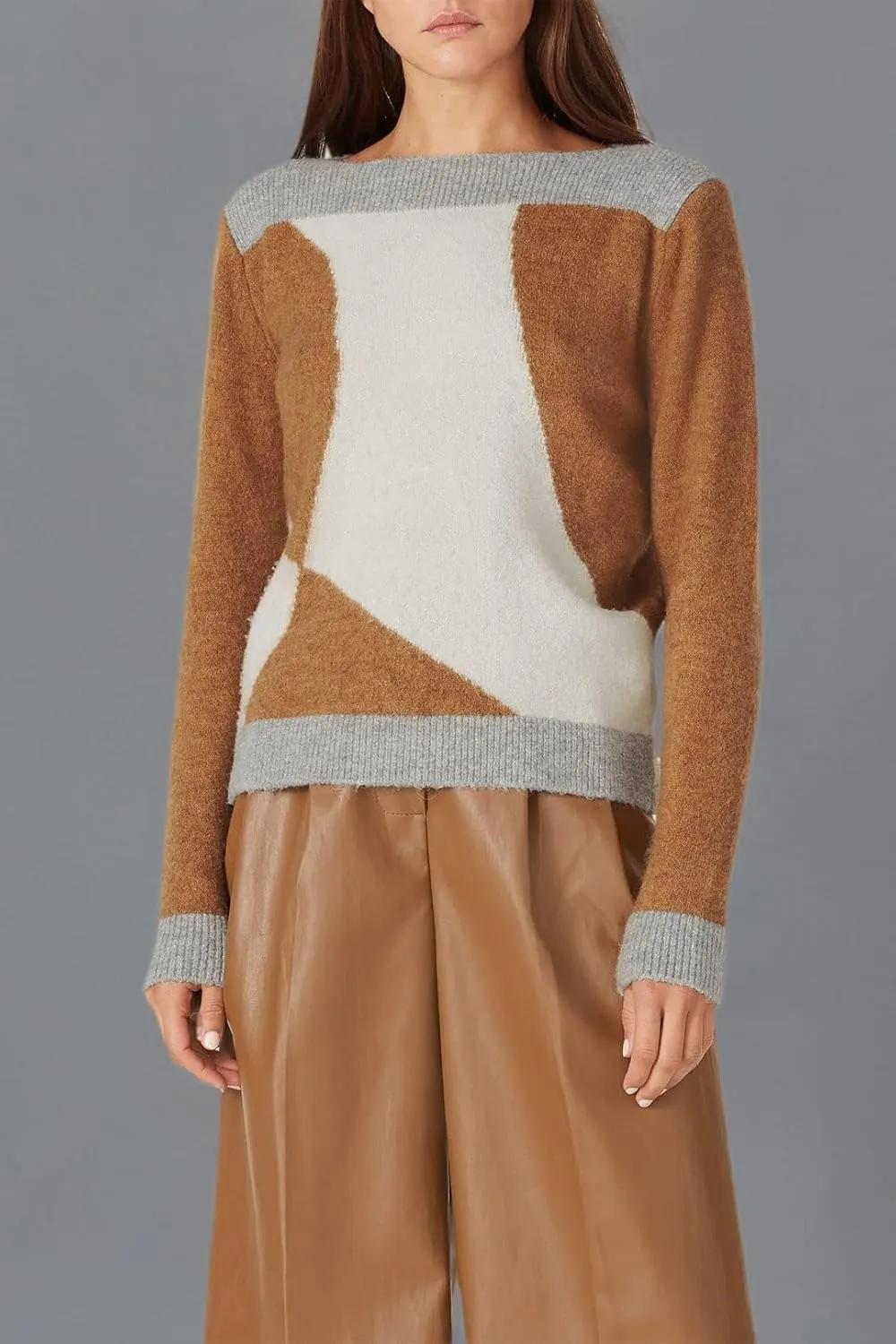 Brown Tricolor Sweater Pullover, Women's Adult Crew Neck Fitted Multicolored Sweater, One Size