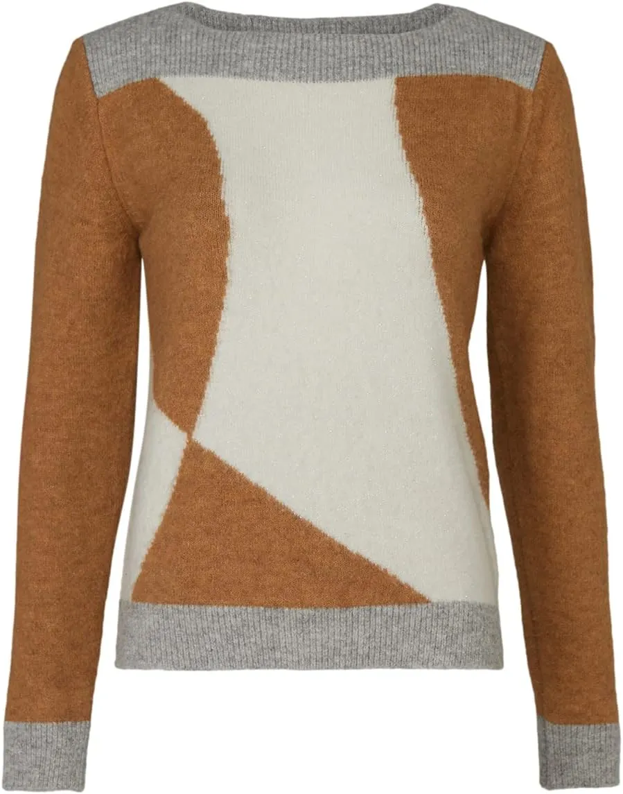 Brown Tricolor Sweater Pullover, Women's Adult Crew Neck Fitted Multicolored Sweater, One Size