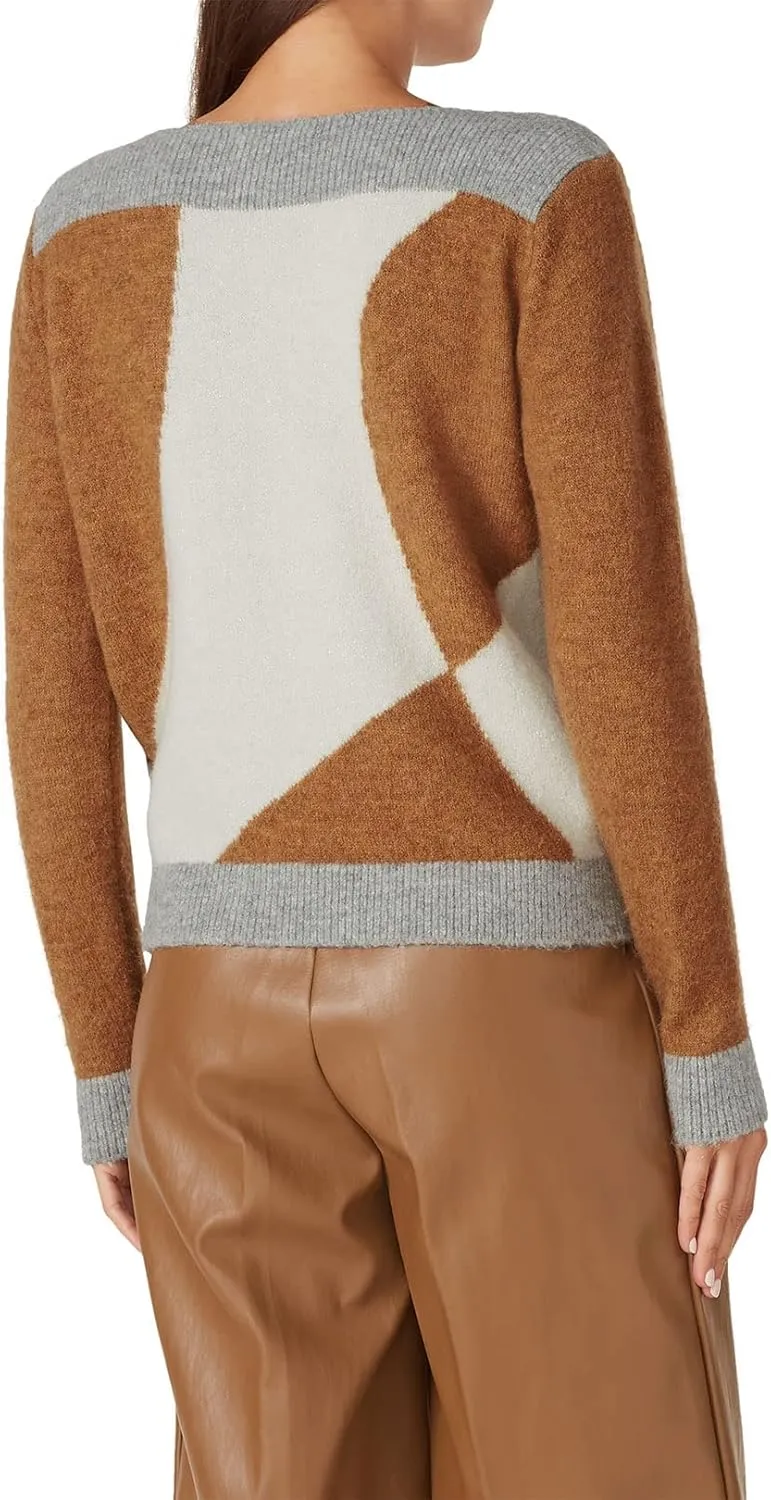 Brown Tricolor Sweater Pullover, Women's Adult Crew Neck Fitted Multicolored Sweater, One Size