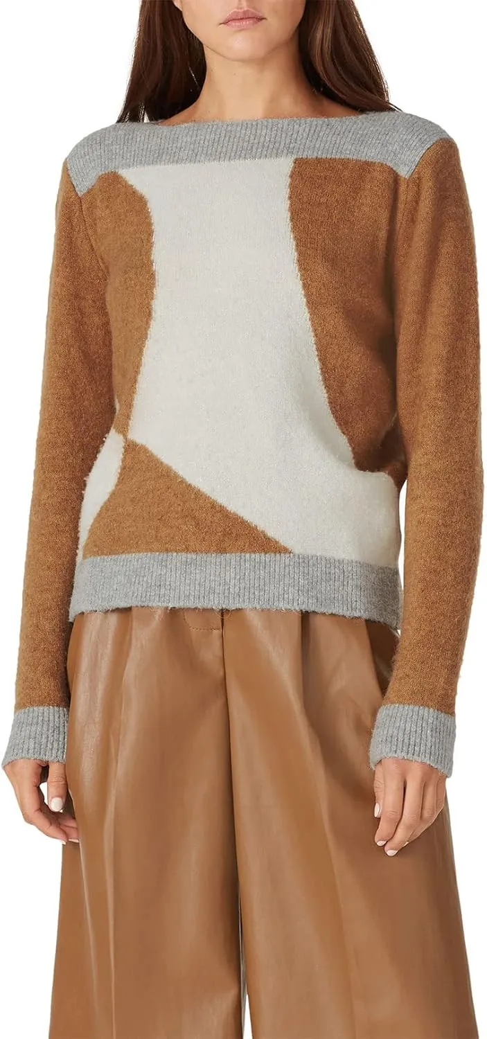 Brown Tricolor Sweater Pullover, Women's Adult Crew Neck Fitted Multicolored Sweater, One Size