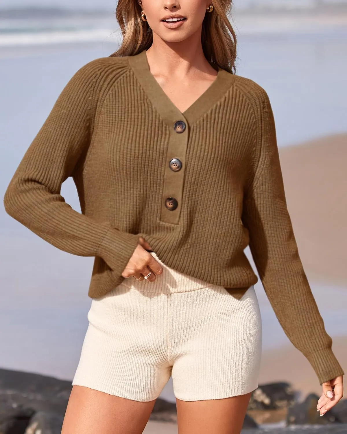 BTFBM Women Long Sleeve V Neck Button Down Sweater Solid Color Ribbed Knit Sweater Casual Relaxed Fit Pullover Jumper