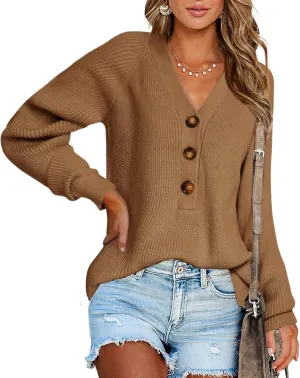 BTFBM Women Long Sleeve V Neck Button Down Sweater Solid Color Ribbed Knit Sweater Casual Relaxed Fit Pullover Jumper