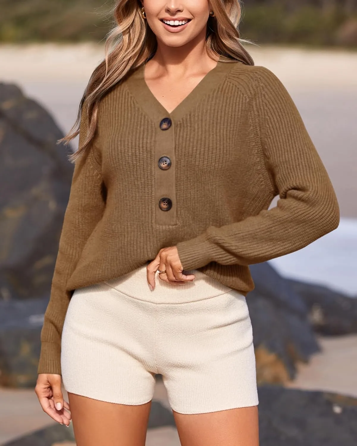 BTFBM Women Long Sleeve V Neck Button Down Sweater Solid Color Ribbed Knit Sweater Casual Relaxed Fit Pullover Jumper