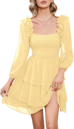 Byinns Women's Smocked Ruffle Mini Dress Square Neck Long Sleeve Party Dress Cute Cottagecore Wedding Guest Dress