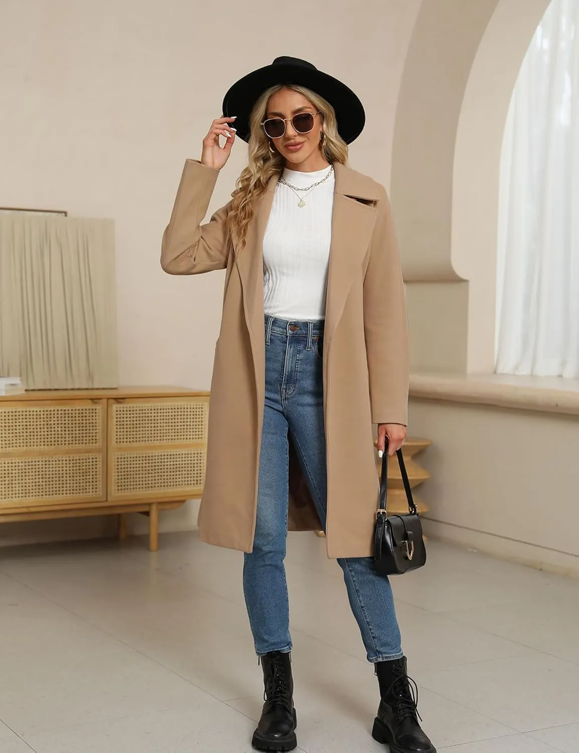 BZB Women's Long Wool Blend Pea Coat Winter Casual Overcoat Notched Lapel Collar Trench Coat Belted Long Jacket Outerwear