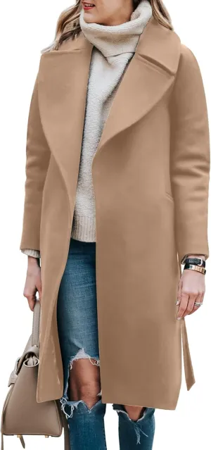 BZB Women's Long Wool Blend Pea Coat Winter Casual Overcoat Notched Lapel Collar Trench Coat Belted Long Jacket Outerwear